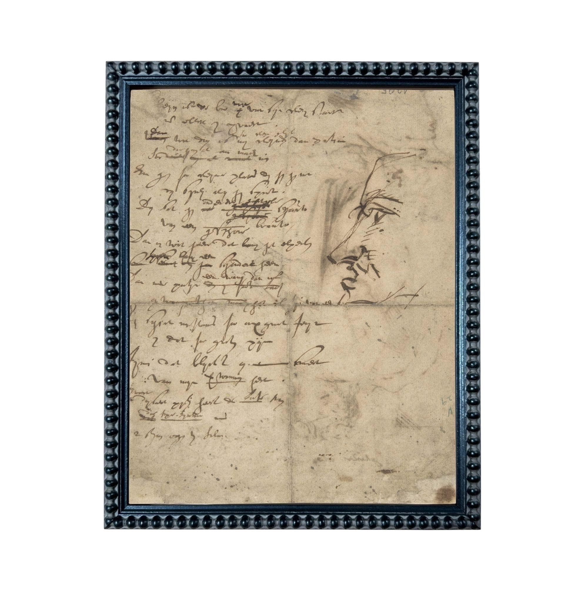 handwritten text and a sketch of a face, all enclosed within a black frame.