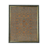 a square-shaped, ornate rug with a floral pattern. The rug is framed by a decorative border, giving it an elegant and sophisticated appearance.