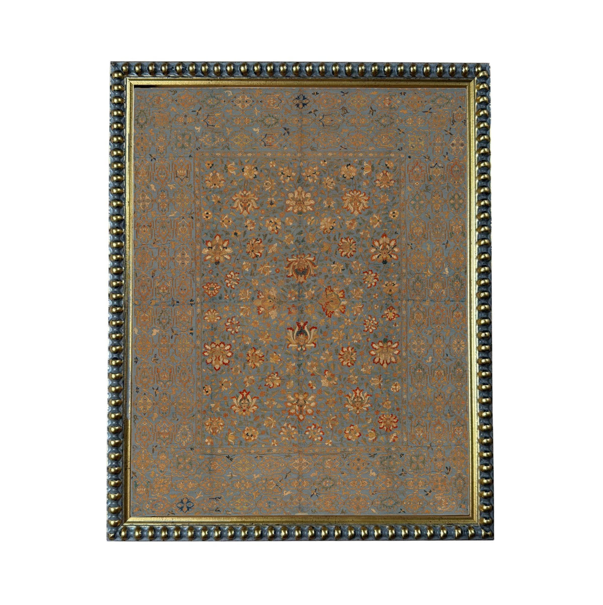 a square-shaped, ornate rug with a floral pattern. The rug is framed by a decorative border, giving it an elegant and sophisticated appearance.