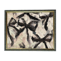 The image is an abstract painting with a black and white color scheme, featuring a central design with curved lines and shapes.