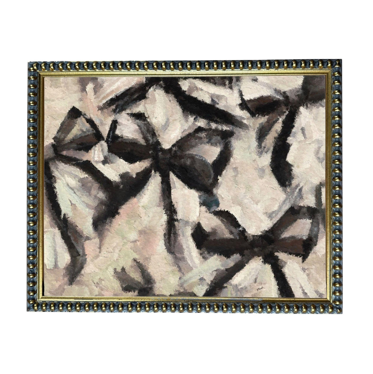 The image is an abstract painting with a black and white color scheme, featuring a central design with curved lines and shapes.