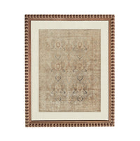 a square rug with a beige and brown color scheme, displayed in a wooden frame with a decorative border.
