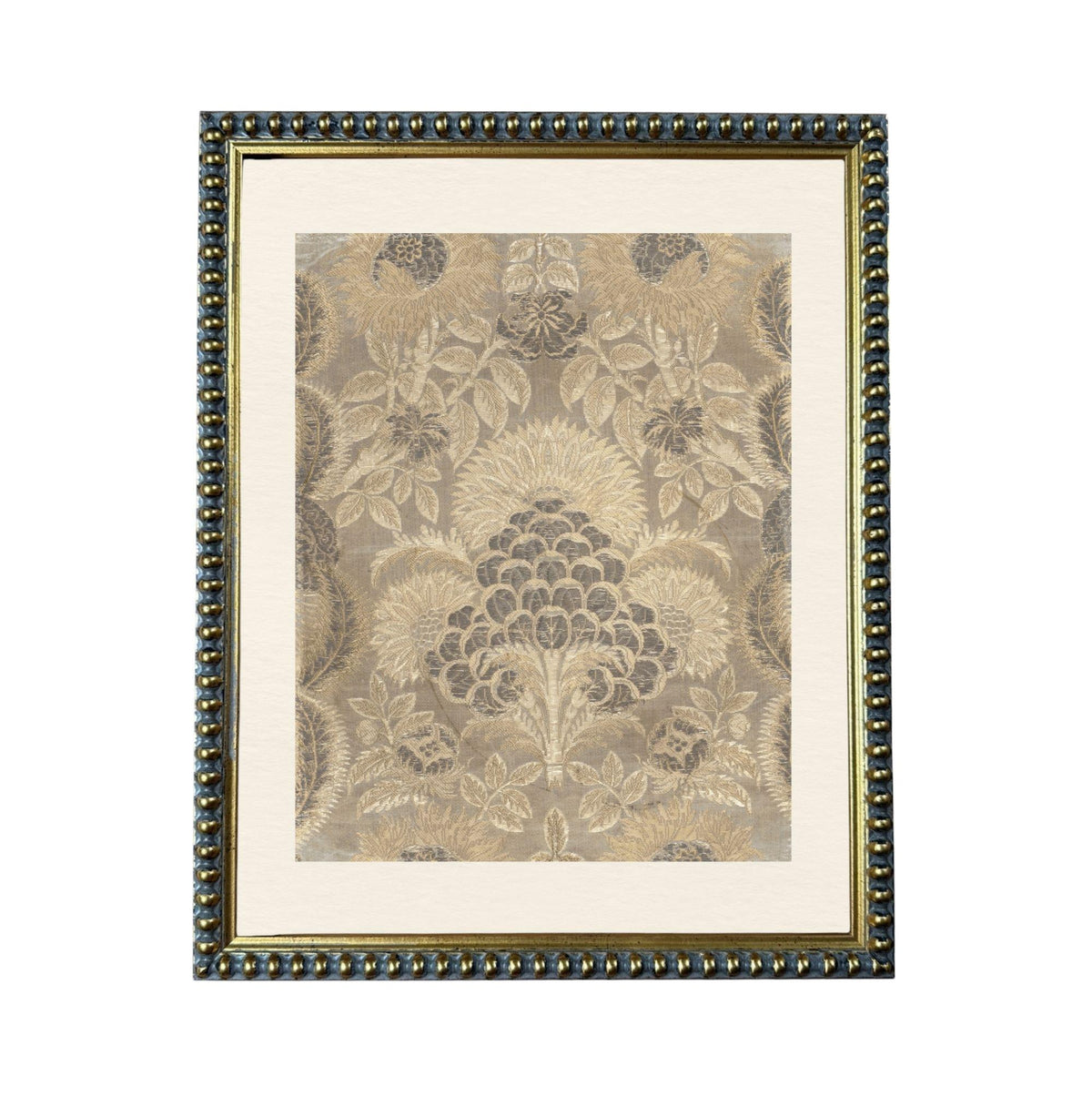 a framed piece of art with a floral pattern on the canvas.