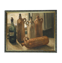 The image is a painting of several old, brown bottles and a large, brown vase arranged on a table.