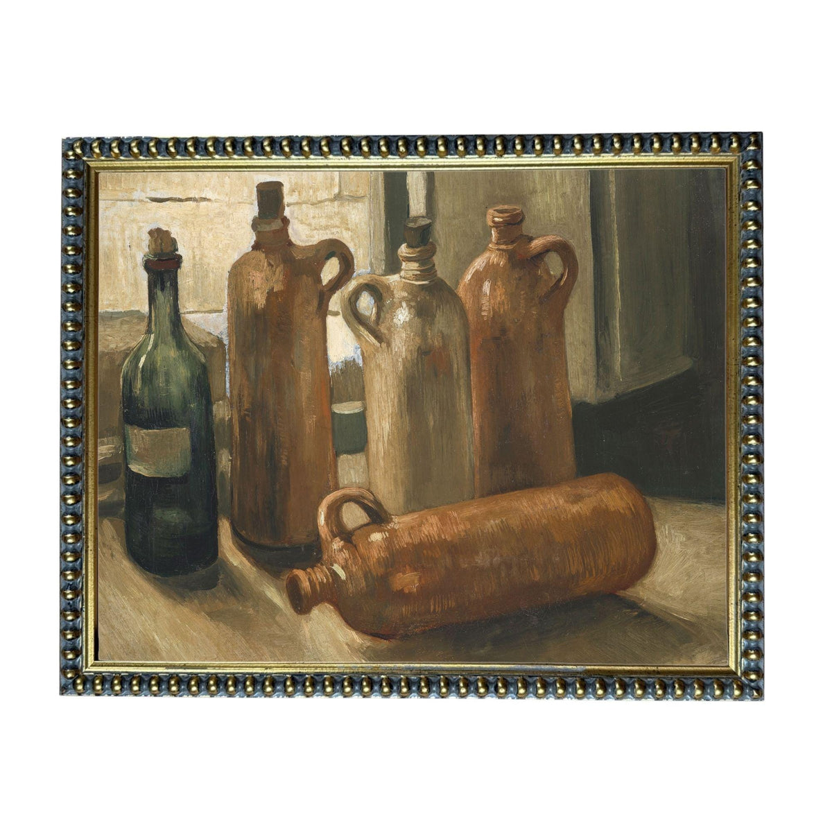 The image is a painting of several old, brown bottles and a large, brown vase arranged on a table.