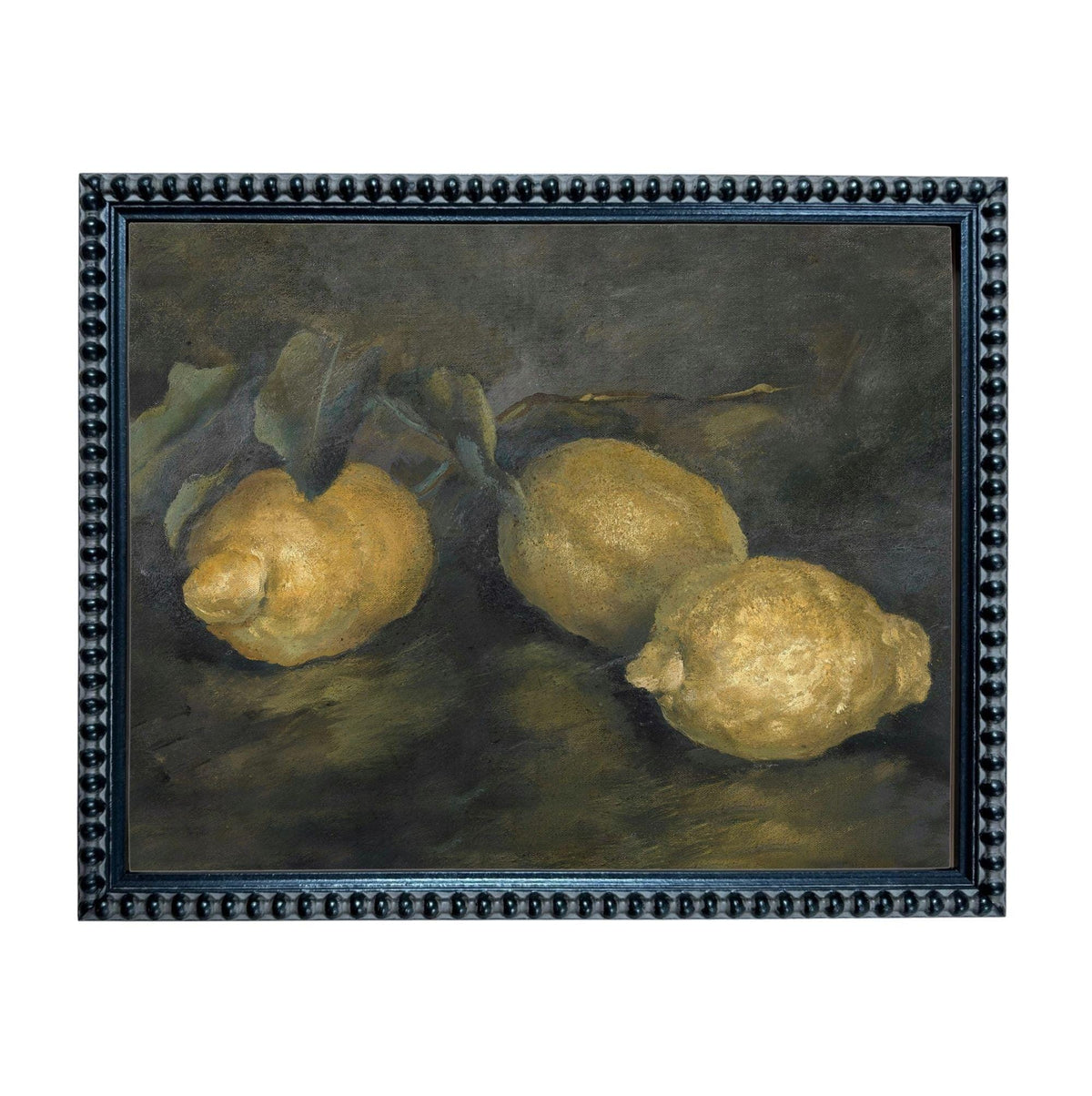 A framed painting depicting three lemons on a dark background.