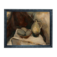 The image is a framed painting depicting a still life scene with a bowl of fruit and a vase.
