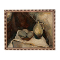 The image is an oil painting depicting a still life scene with a bowl of fruit and a vase.