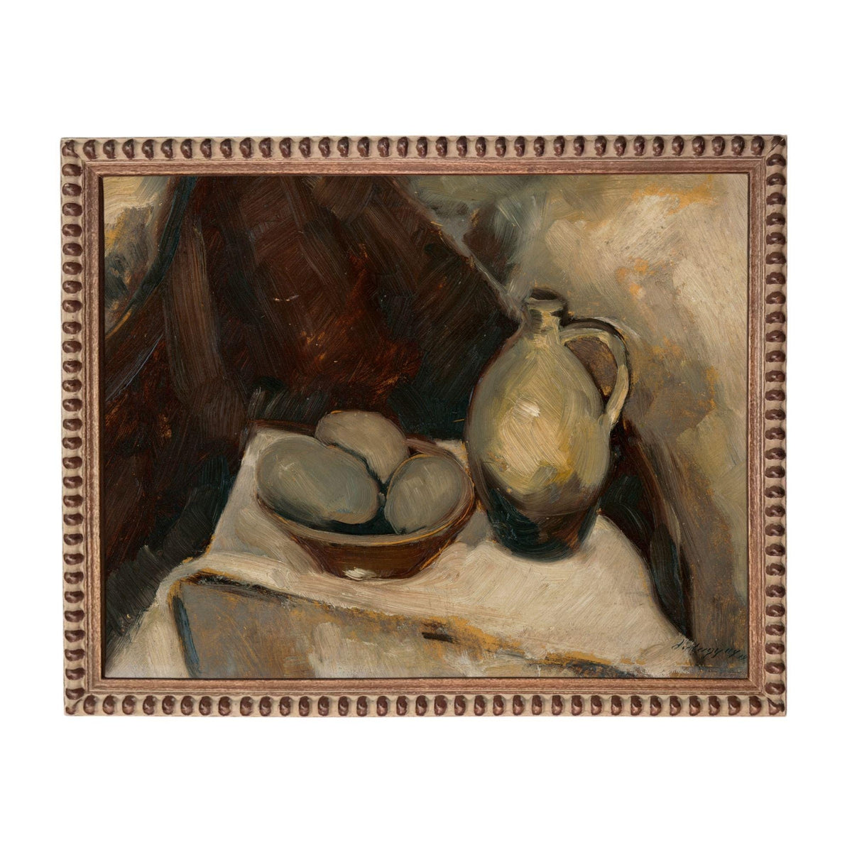 The image is an oil painting depicting a still life scene with a bowl of fruit and a vase.