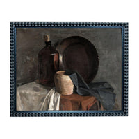 The image is a still life painting featuring a dark bottle, a round bowl, and a cloth draped over a table.