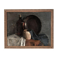 The image is a still life painting featuring a dark bottle, a round bowl, and a cloth on a table.