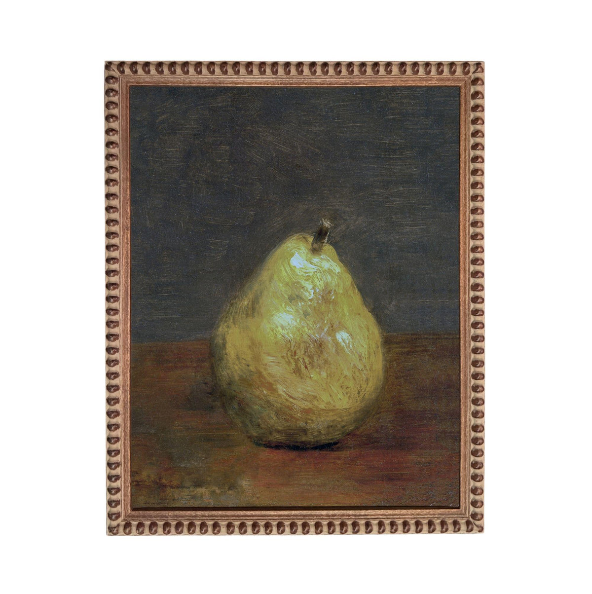 A painting of a pear on a wooden surface, with a dark background.