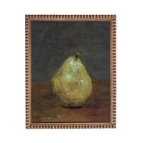 A painting of a pear on a wooden surface, with a dark background.