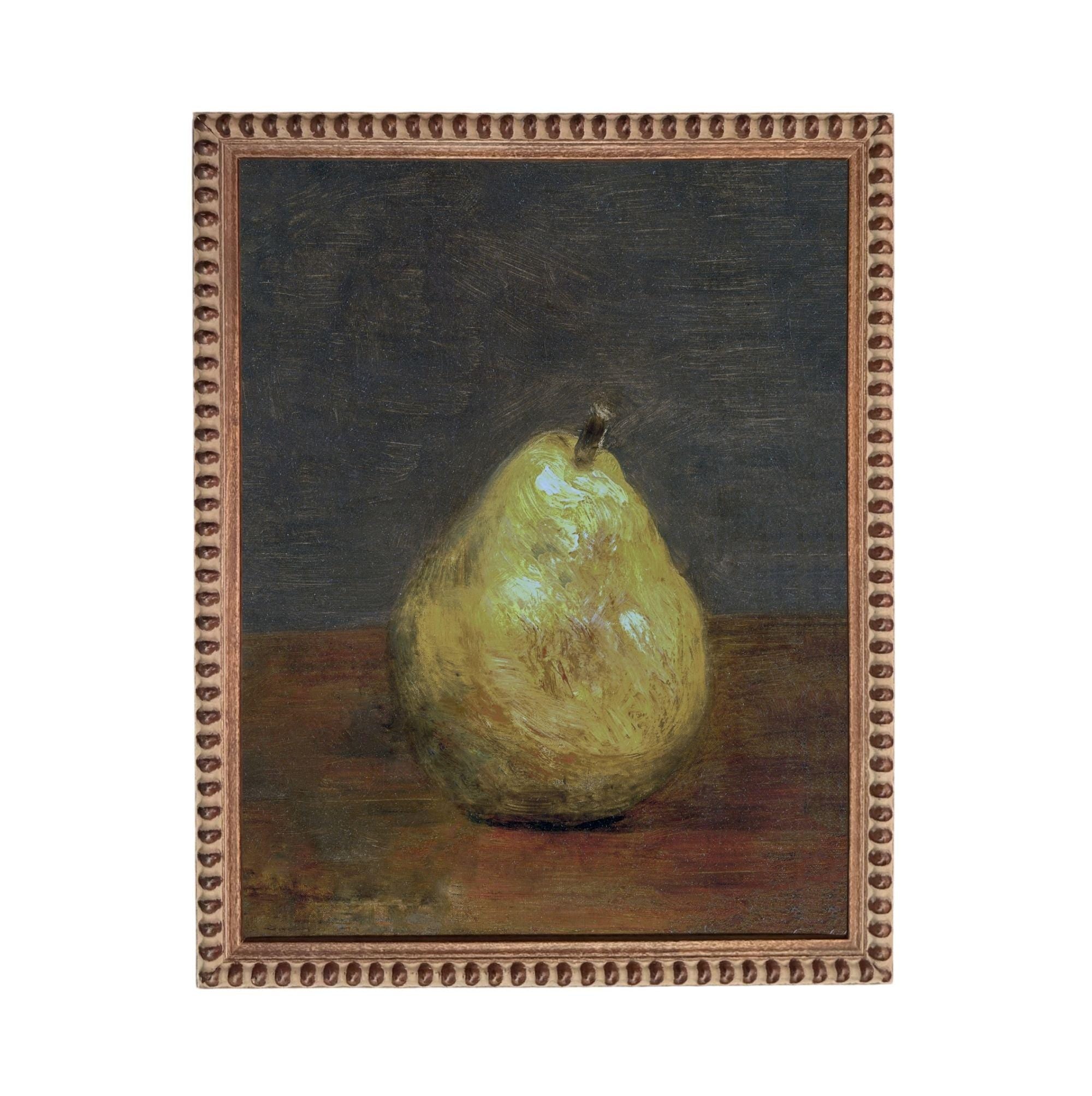A painting of a pear on a wooden surface, with a dark background.