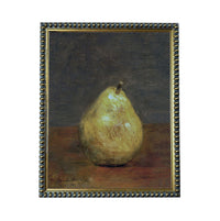 A painting of a pear on a wooden surface, with a dark background.