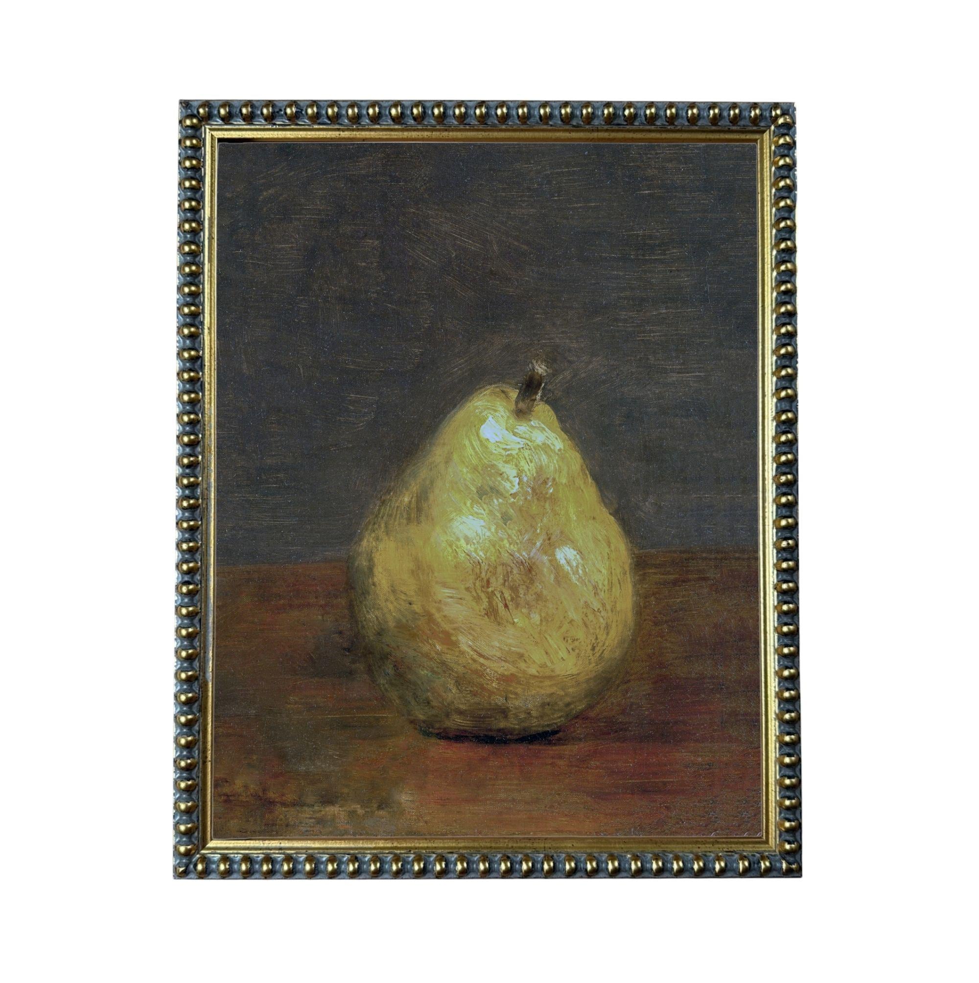 A painting of a pear on a wooden surface, with a dark background.