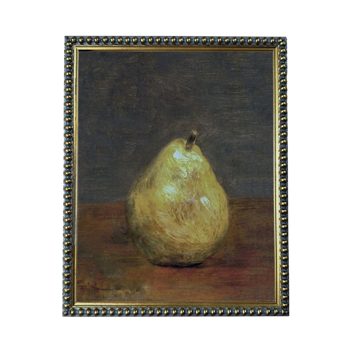 A painting of a pear on a wooden surface, with a dark background.