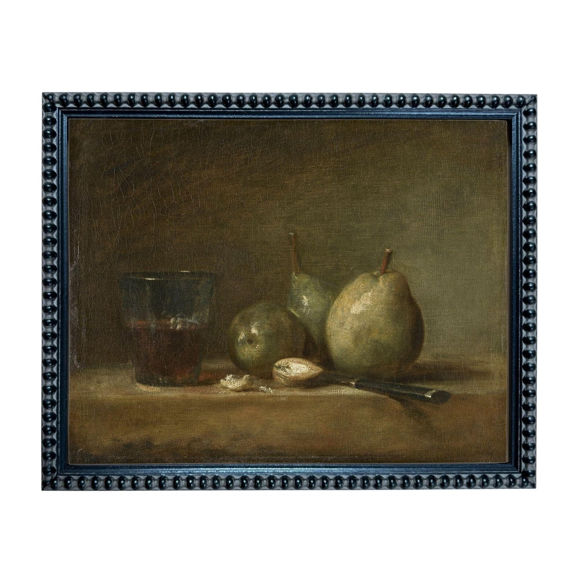 The image is a still life painting featuring a glass of wine, two pears, and a knife on a table.