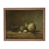 The image is a still life painting featuring a glass of wine, two pears, and a knife on a table.