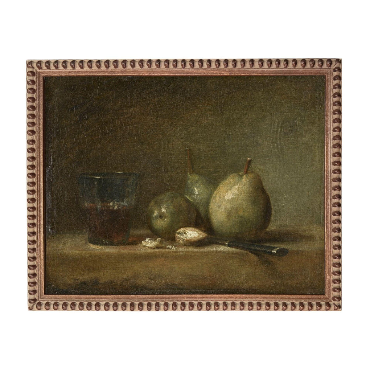 The image is a still life painting featuring a glass of wine, two pears, and a knife on a table.