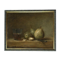 The image is a still life painting featuring a glass of wine, two pears, and a knife on a table.