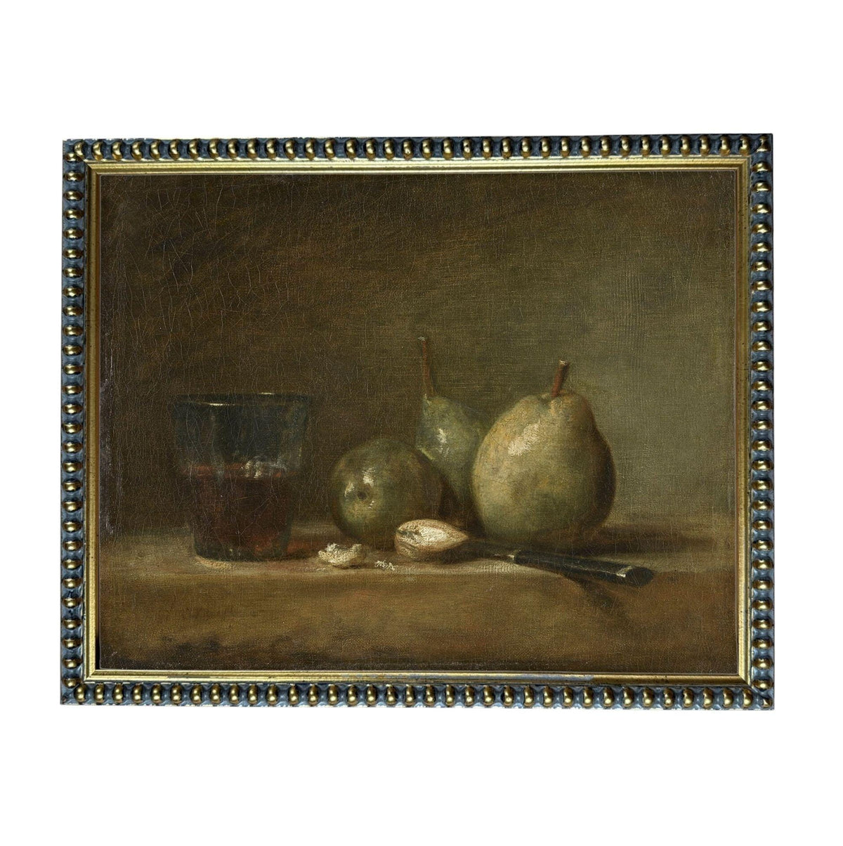 The image is a still life painting featuring a glass of wine, two pears, and a knife on a table.