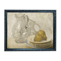 The image is a painting of a glass pitcher and a plate with a pear on it, set against a neutral background.