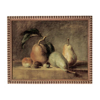 The image is a painting of various fruits, including pears and apples, arranged on a surface.