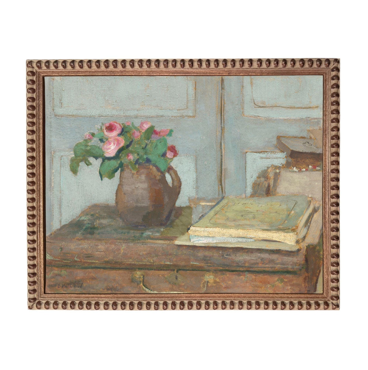The image is an oil painting depicting a vase of pink roses on a table, with a book and a suitcase in the background.