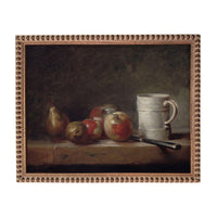 The image is a still life painting featuring a wooden table with various fruits and a white mug.
