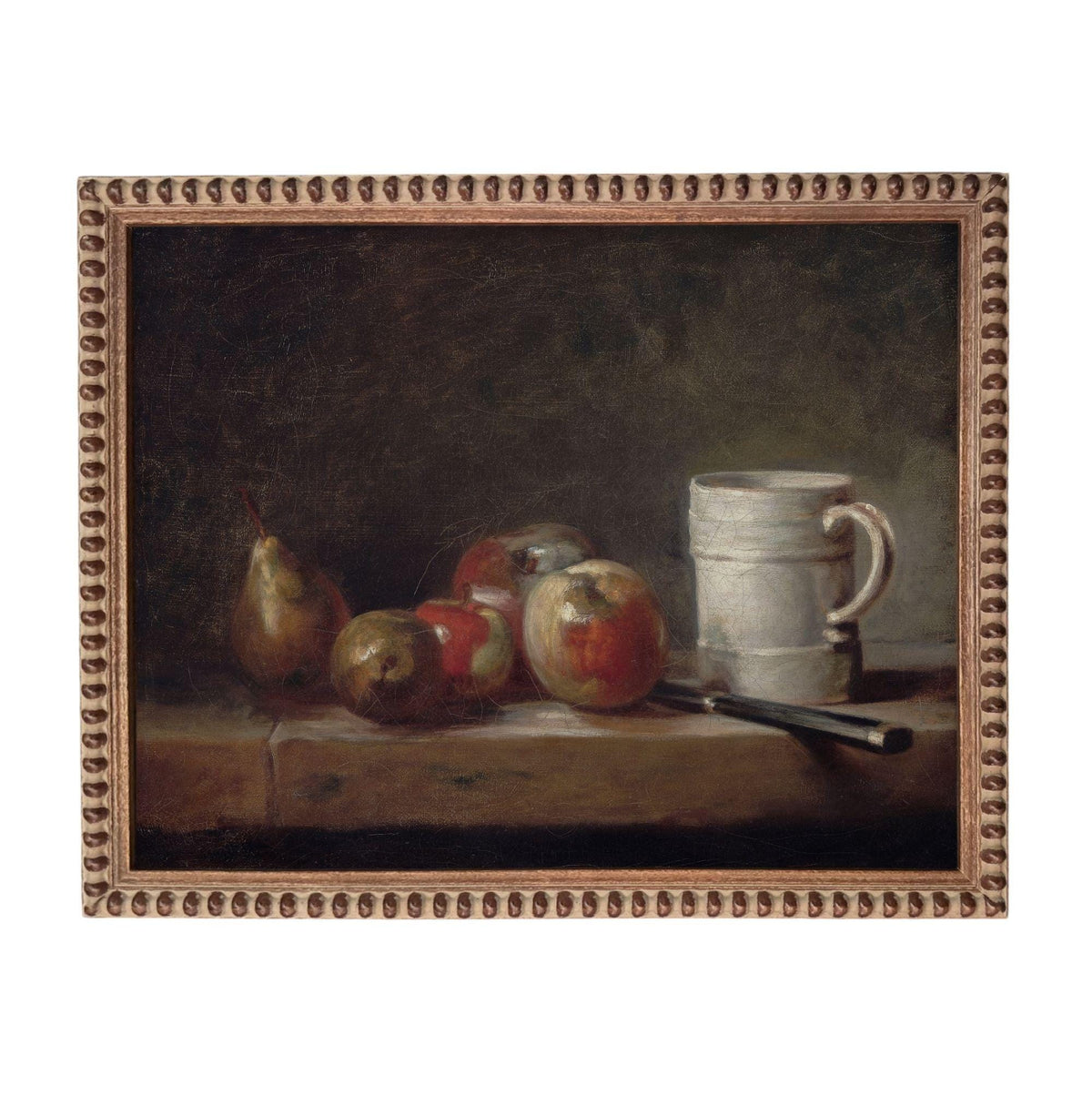 The image is a still life painting featuring a wooden table with various fruits and a white mug.