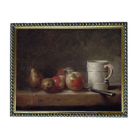 The image is a still life painting featuring a wooden shelf with various fruits and a white mug.
