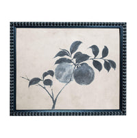 The image is a framed artwork depicting a branch with leaves and two round objects, possibly fruits, against a beige background.