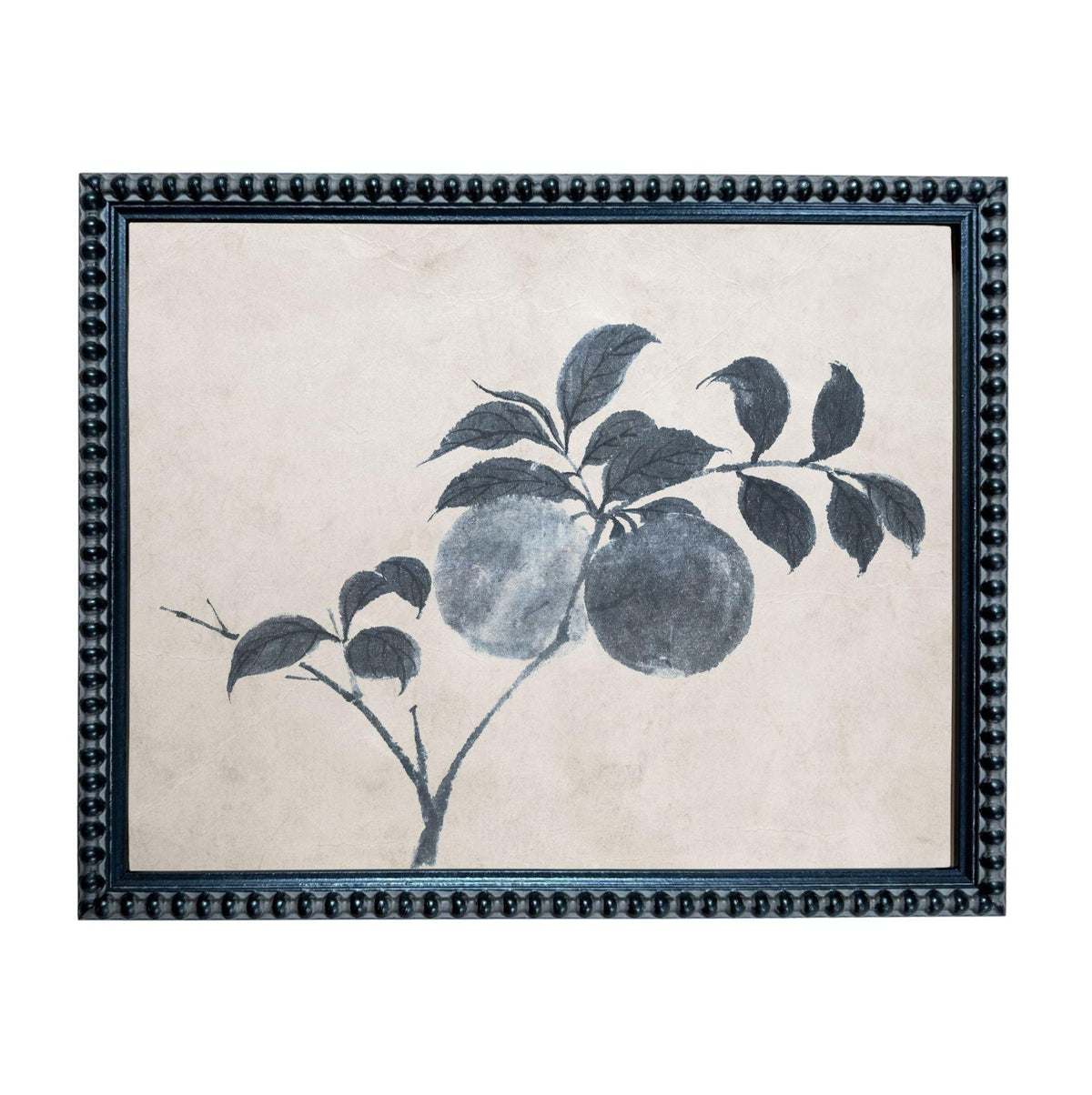 The image is a framed artwork depicting a branch with leaves and two round objects, possibly fruits, against a beige background.
