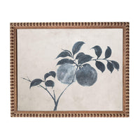 a painting of a branch with leaves and two round objects, possibly fruits, against a light background.