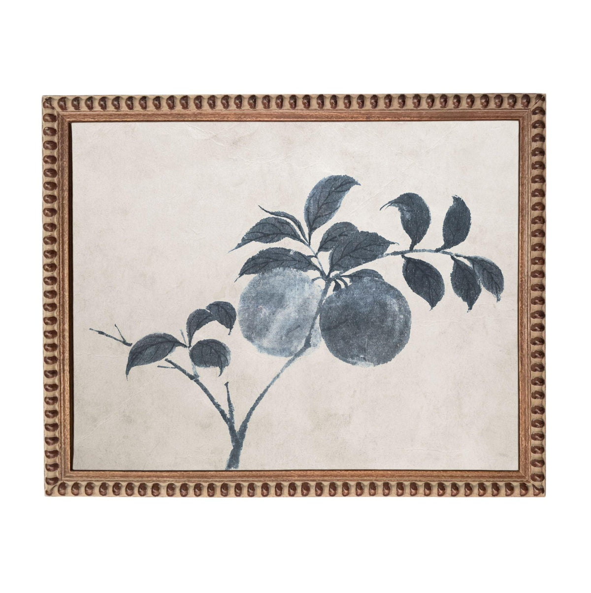 a painting of a branch with leaves and two round objects, possibly fruits, against a light background.
