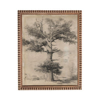 The image is a black and white sketch of a large tree with a smaller tree in the background.