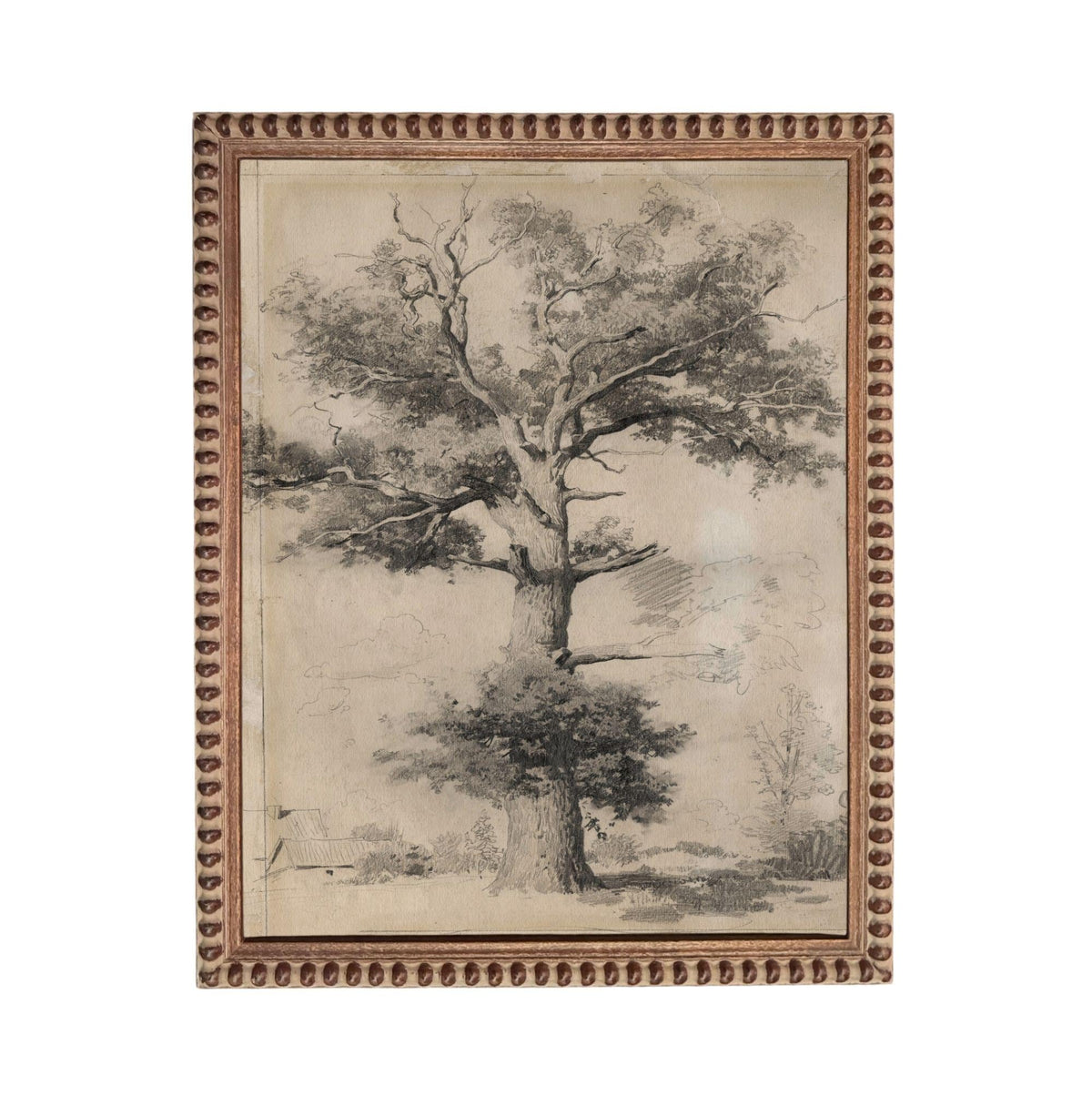 The image is a black and white sketch of a large tree with a smaller tree in the background.