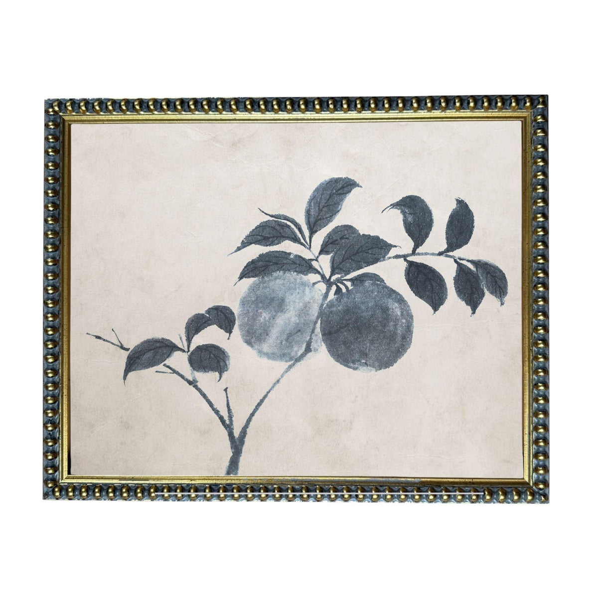 a framed painting of a branch with leaves and two round objects, possibly fruits, against a light background.