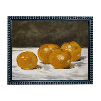 The image is a painting of four oranges arranged on a white surface.