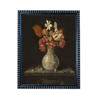 A still life painting of a vase filled with various flowers, including roses, lilies, and other colorful blooms, placed on a table.