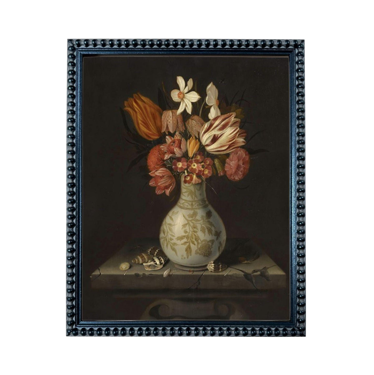 A still life painting of a vase filled with various flowers, including roses, lilies, and other colorful blooms, placed on a table.