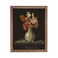 A still life painting of a vase filled with a variety of colorful flowers, including red, white, and yellow blooms, set against a dark background.