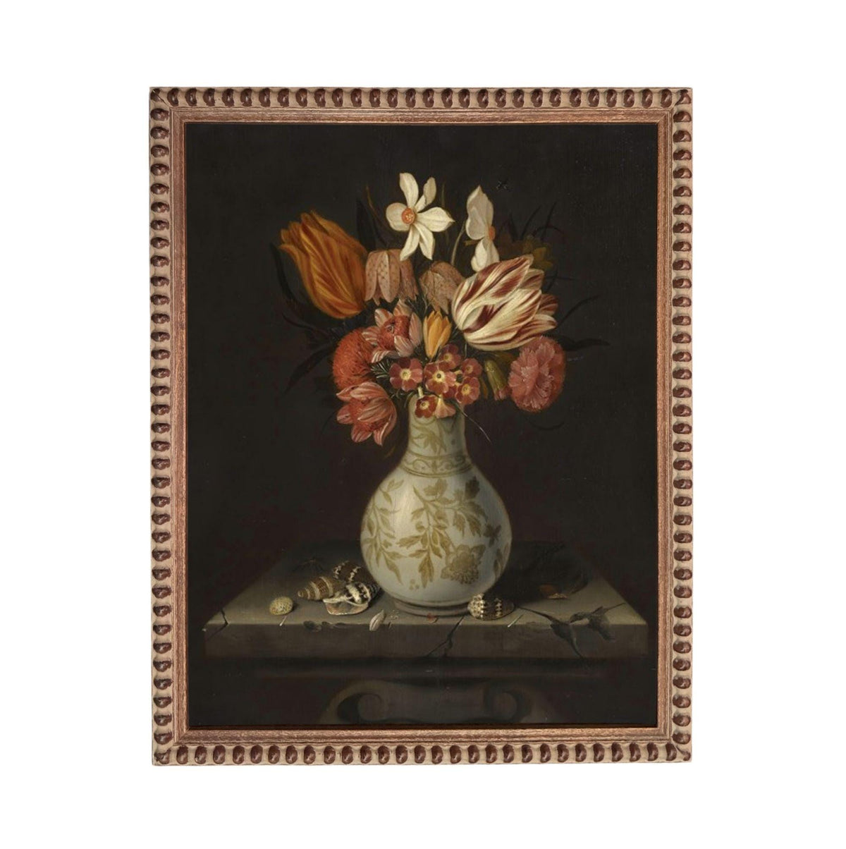 A still life painting of a vase filled with a variety of colorful flowers, including red, white, and yellow blooms, set against a dark background.