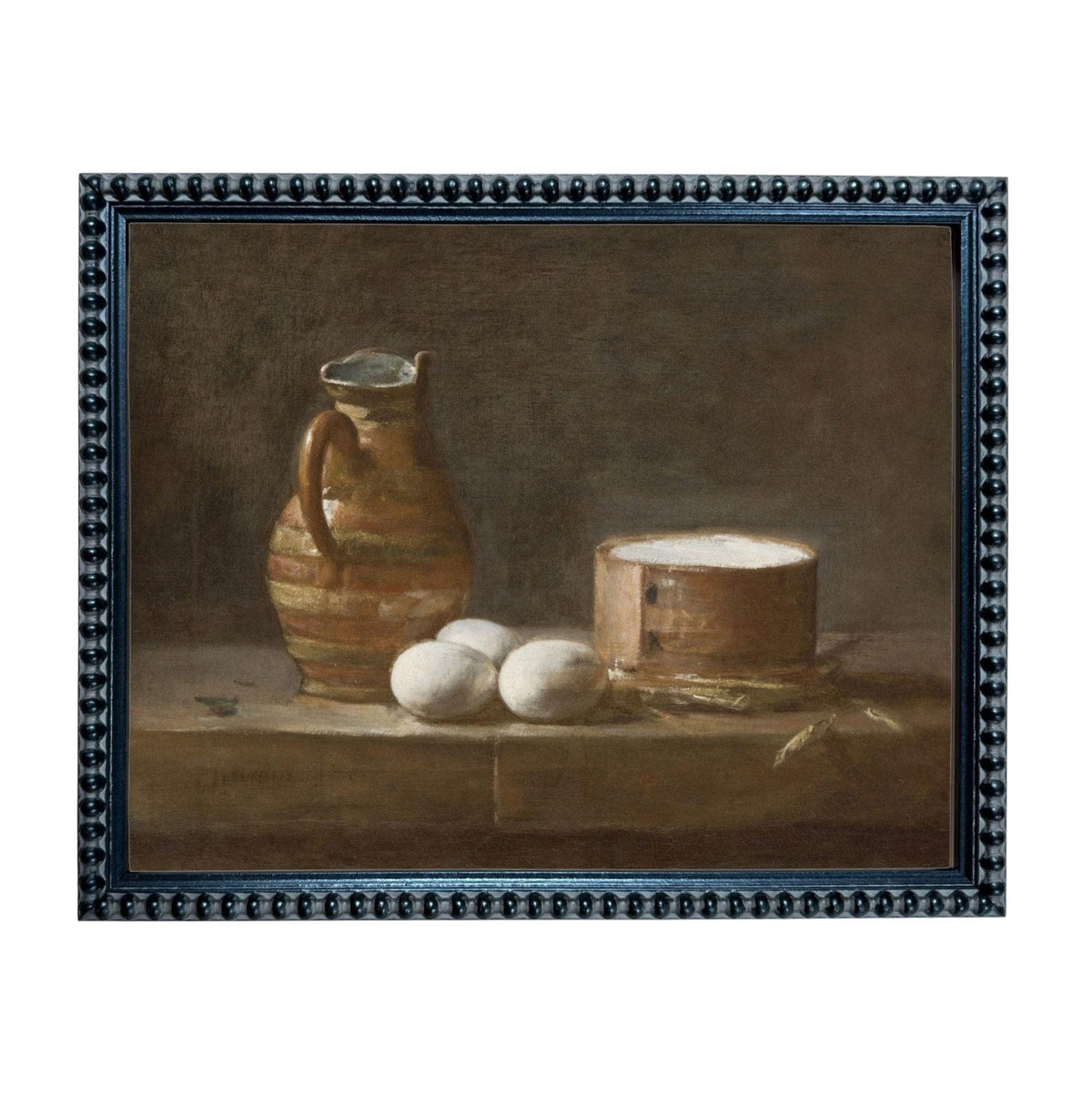 The image is a still life painting featuring a brown vase, three white eggs, and a wooden container on a wooden surface.