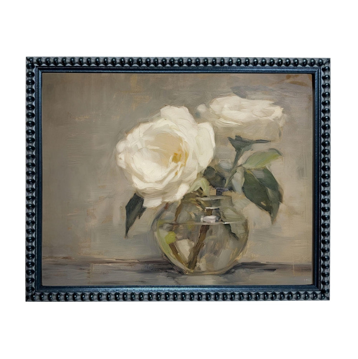A framed painting depicting two white roses in a glass vase.