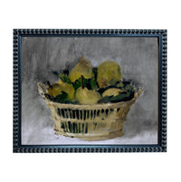 A painting of a basket filled with yellow fruits, such as pears, against a gray background.