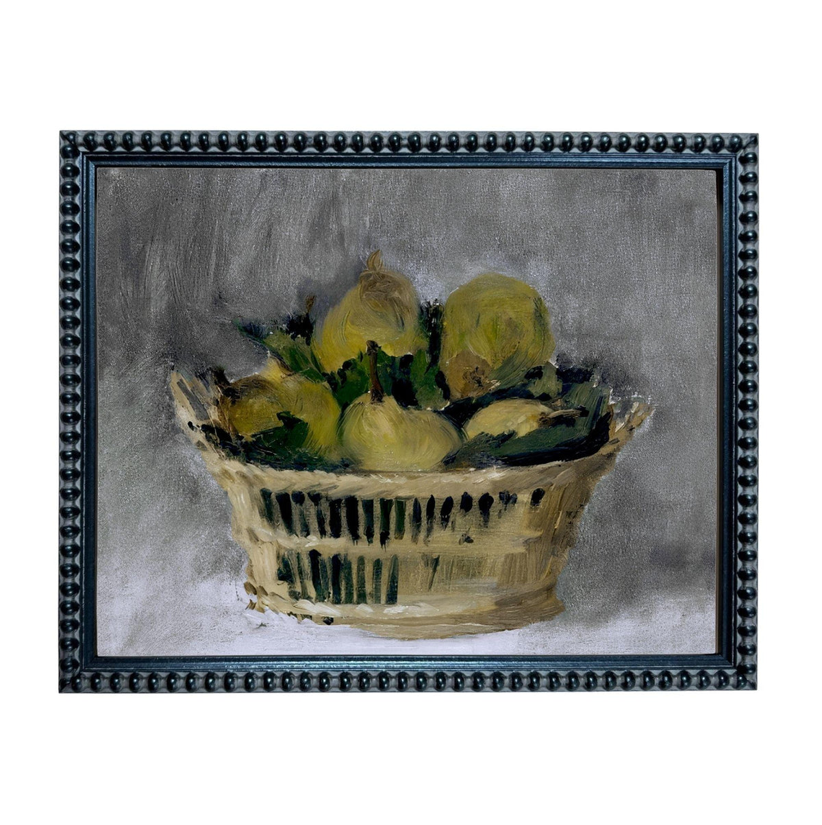 A painting of a basket filled with yellow fruits, such as pears, against a gray background.