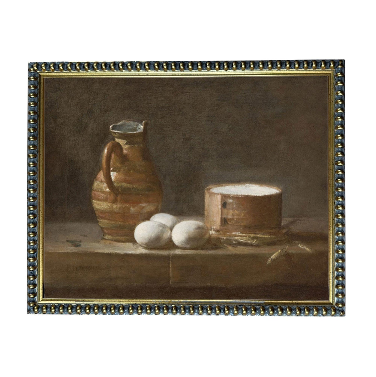 The image is a still life painting featuring a vase, eggs, and a container on a wooden surface.