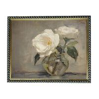 A painting of two white roses in a glass vase, set against a neutral background.